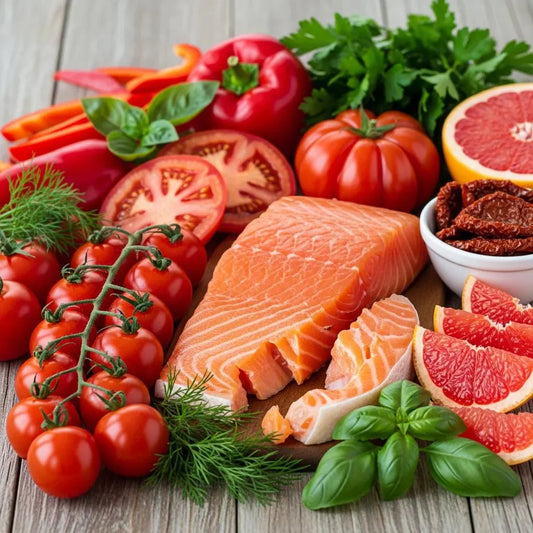 Astaxanthin and lycopene-rich foods like salmon and tomatoes, showcasing natural skin tone enhancement