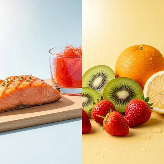 Astaxanthin-rich foods and Vitamin C fruits highlighting antioxidants for skin health