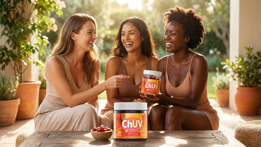 Diverse women with different skin tones showing natural radiant glow from ChUV tanning gummies