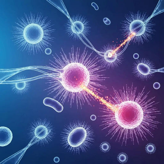 Natural killer cells and T-cells actively engaging pathogens, highlighting astaxanthin's immune-boosting effects