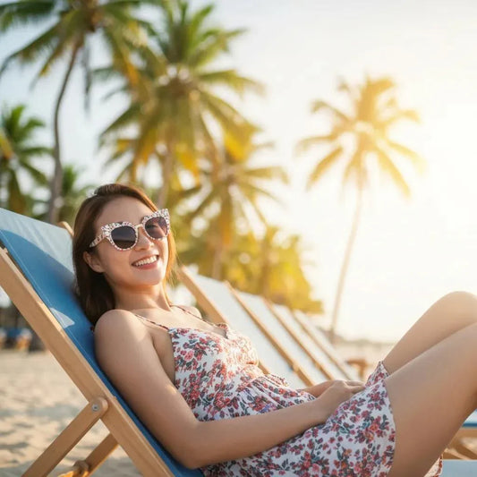 Person at the beach holding tanning gummies, representing sunless tanning options