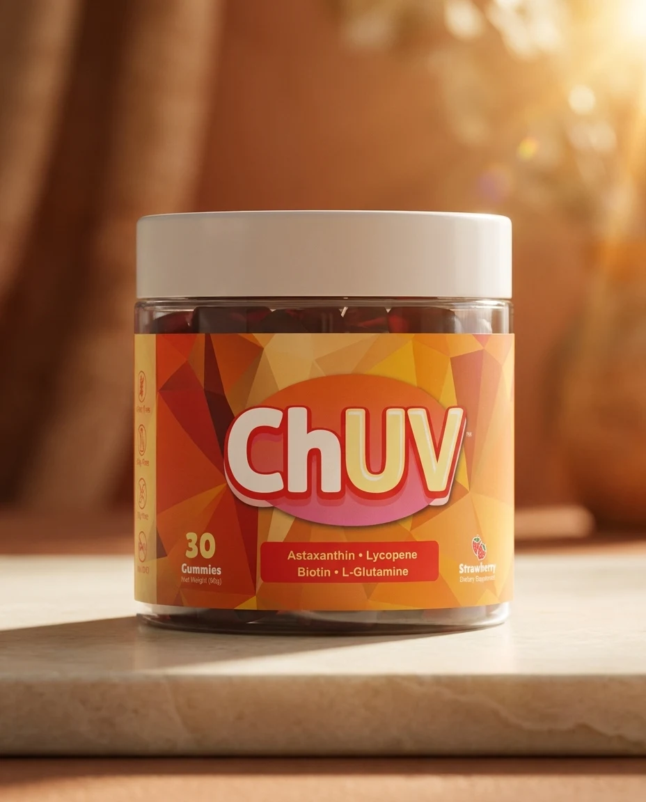ChUV tanning gummies jar centered, with callouts pointing to astaxanthin and lycopene benefits.